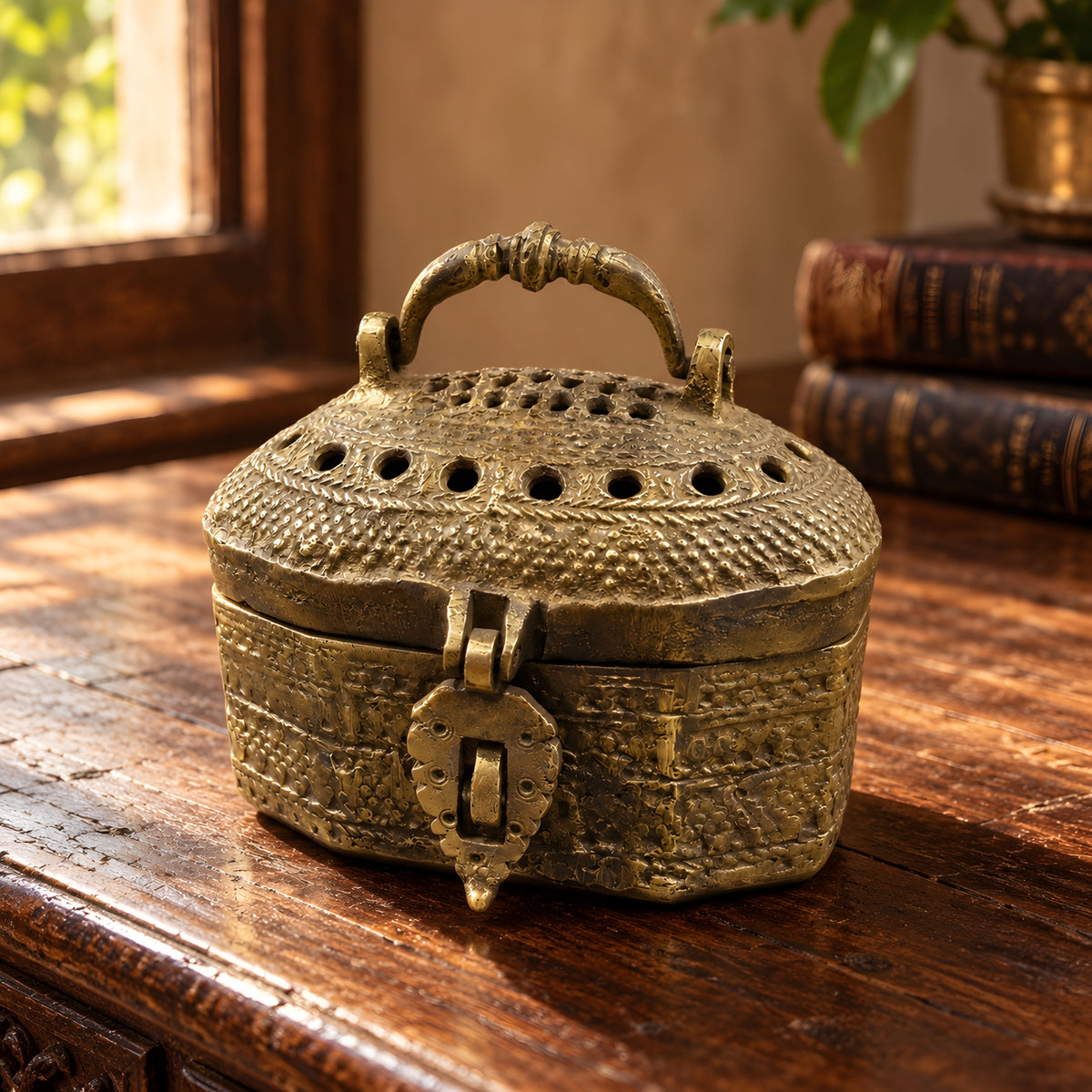 Antique Brass/Pital Perforated Storage Box with Domed Lid, Ornate Handle & Latch