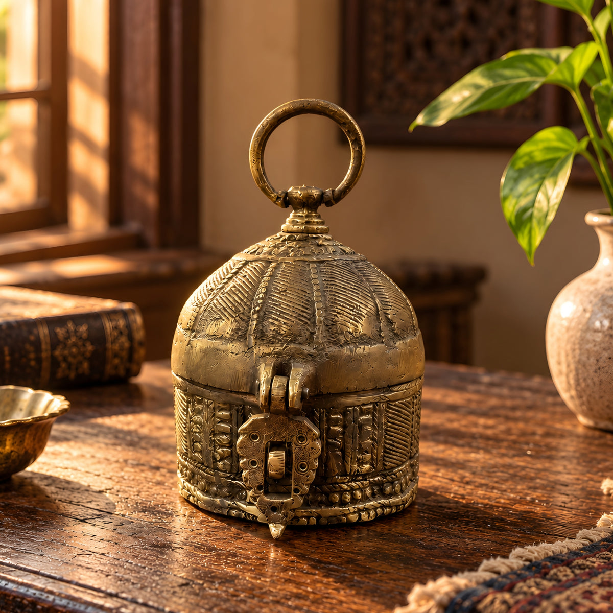 Antique Brass/Pital Storage Box with Domed Lid, Engraved Detailing & Ornate Latch