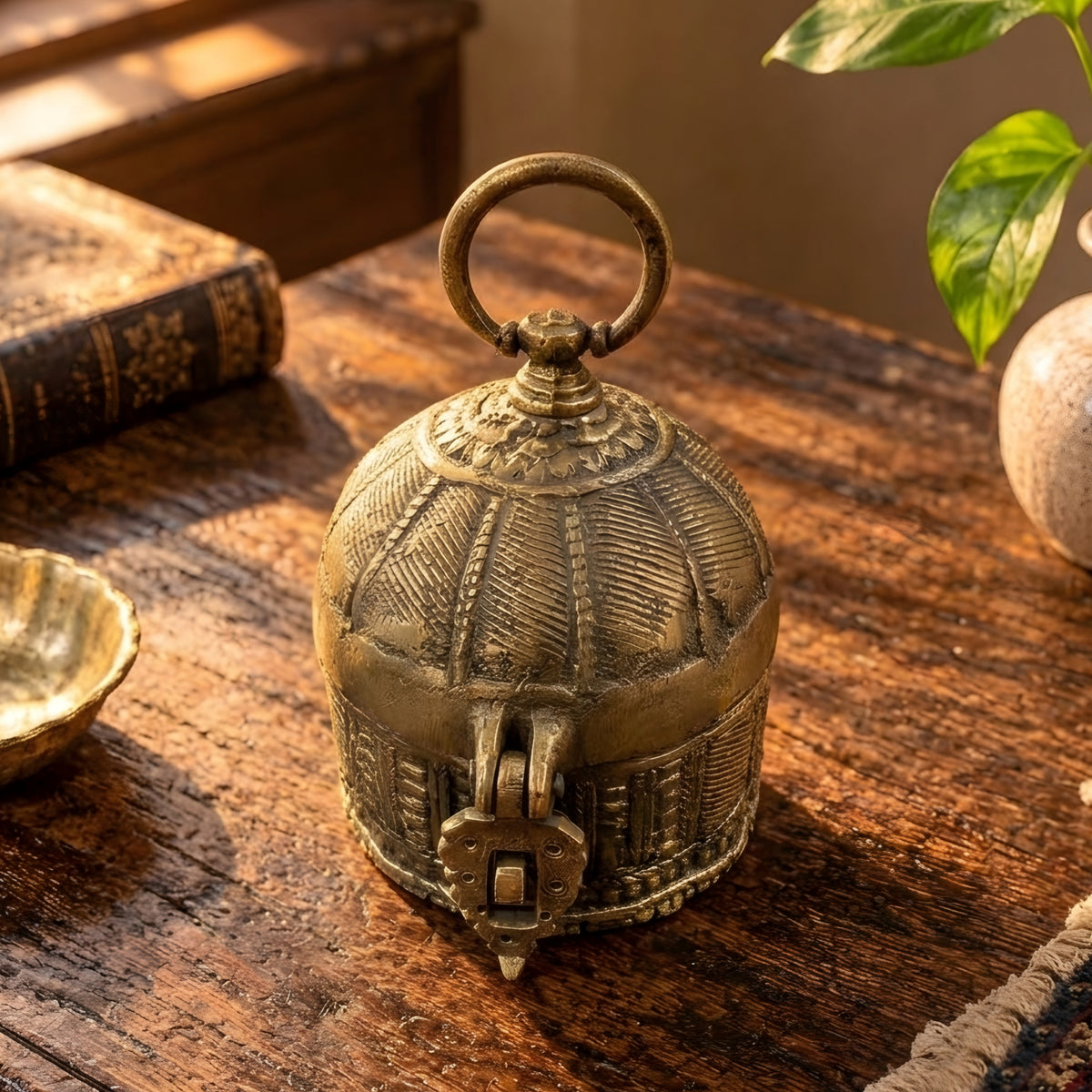 Antique Brass/Pital Storage Box with Domed Lid, Engraved Detailing & Ornate Latch