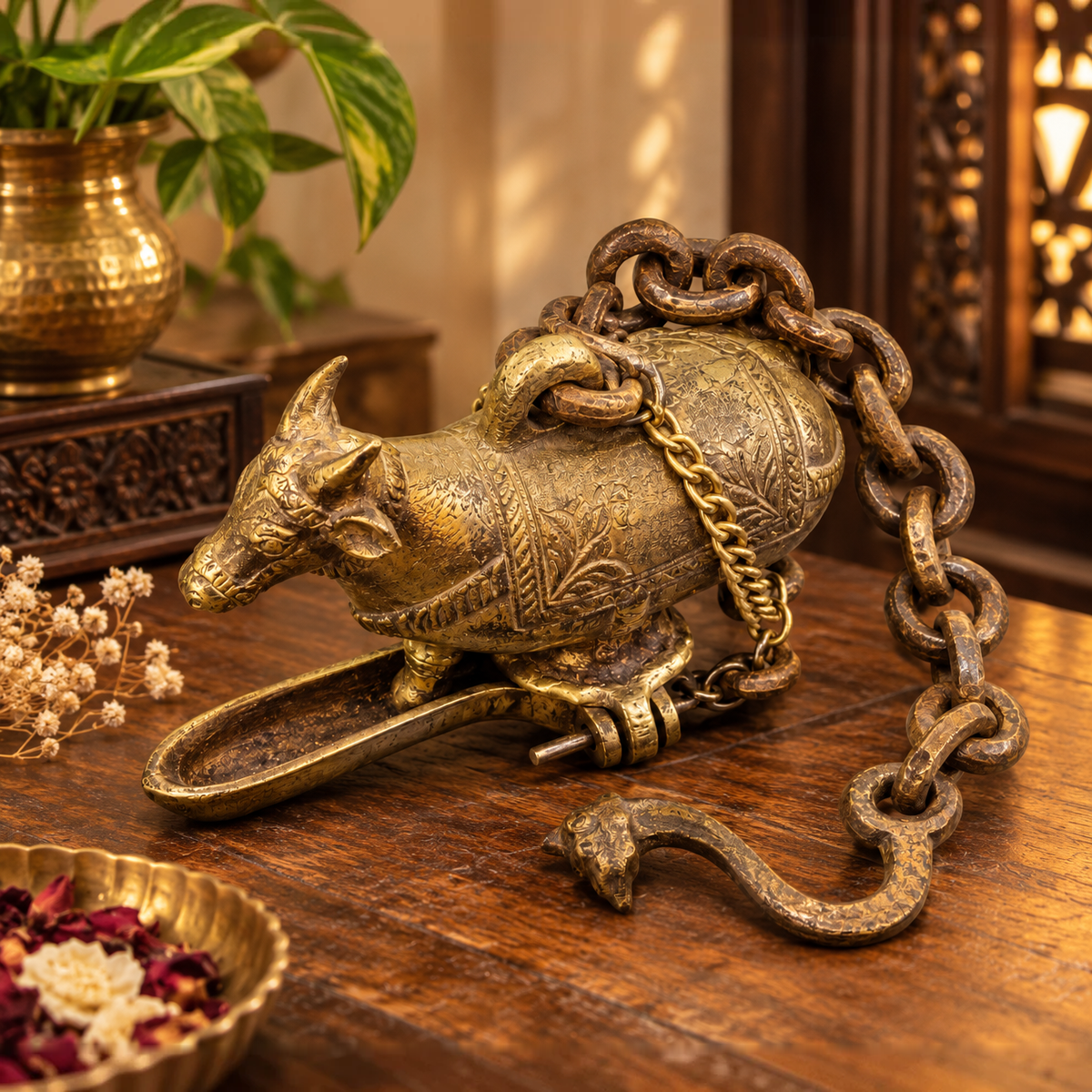 Antique Brass Cow Hanging Diya - Merchant Antiques