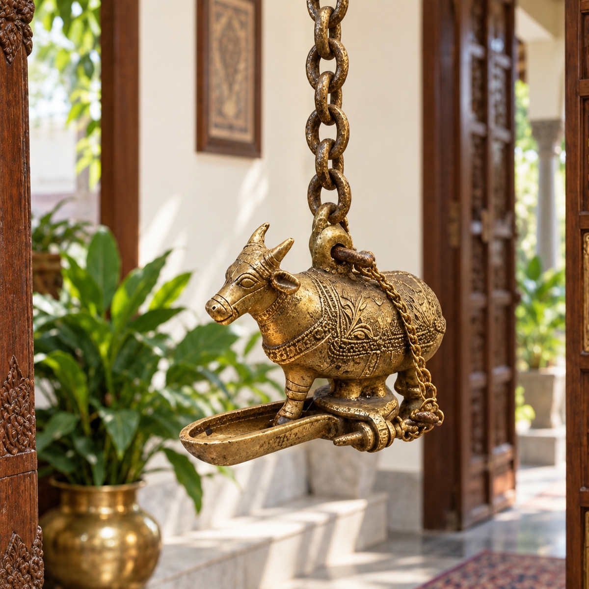 Antique Brass/Pital Cow-Shaped Hanging Diya with Original Chain & Hook – Heritage Indian Oil Lamp