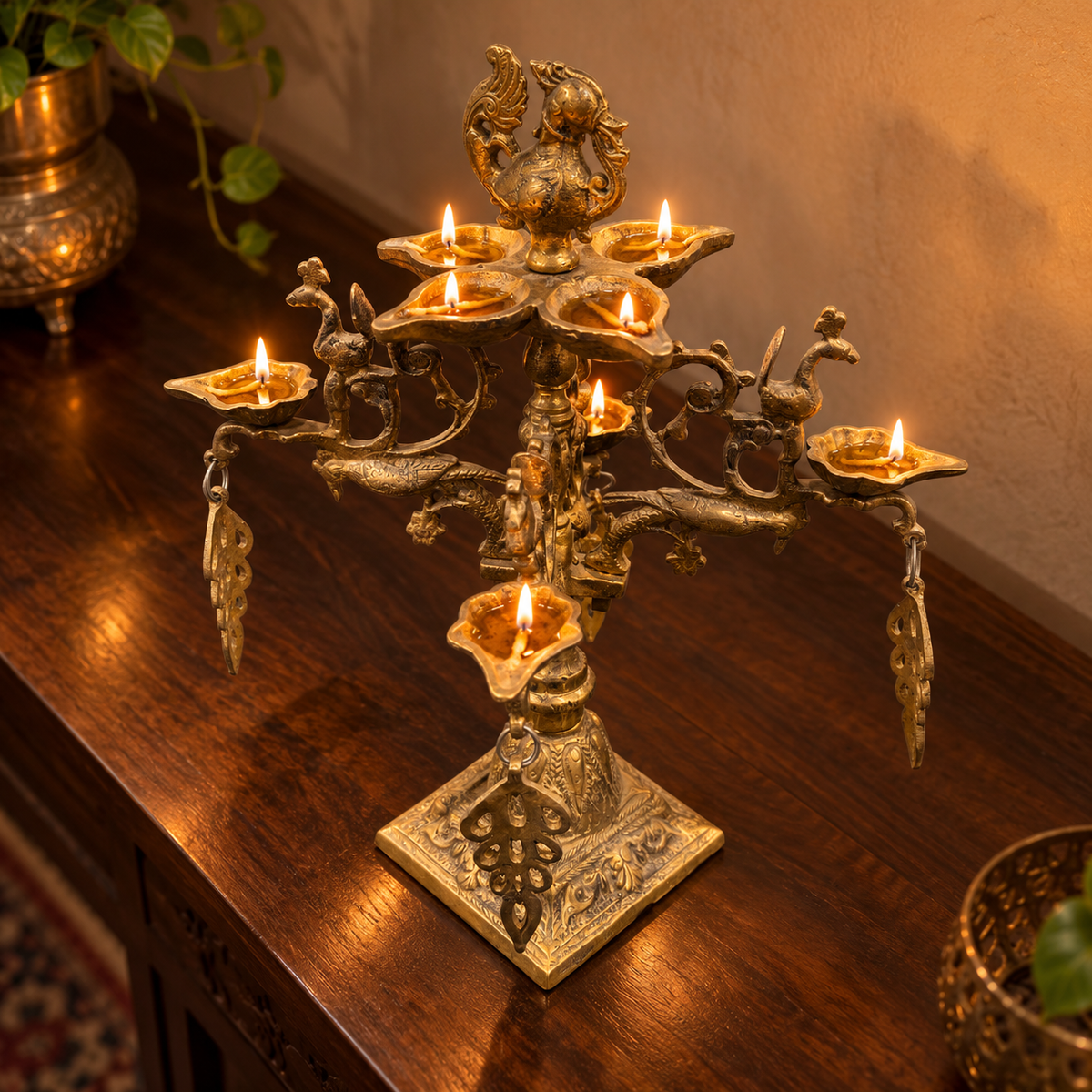 Antique Brass Multi-Arm Diya Stand - Merchant Antiques