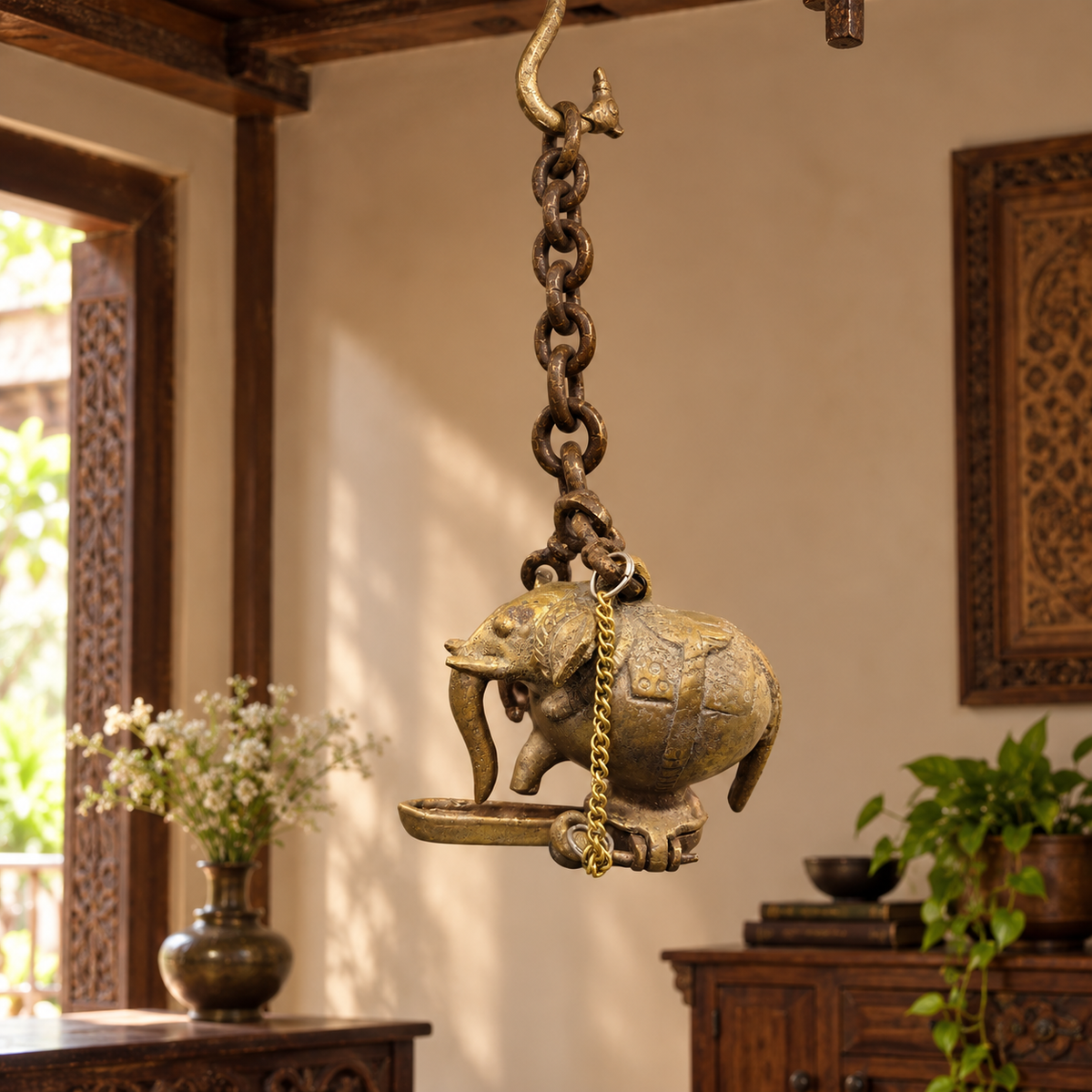 Antique Brass Elephant Hanging Diya - Merchant Antiques