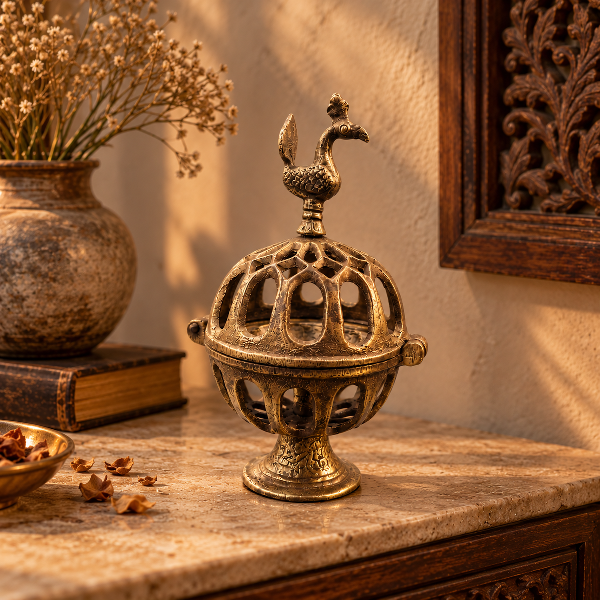 Antique Brass Bird Finial Incense Holder - Merchant Antiques
