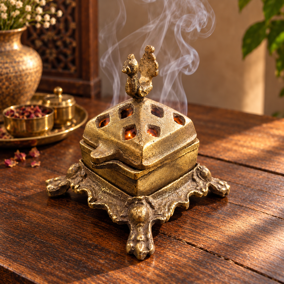 Antique Brass/Pital Incense Burner with Twin Bird Finial & Perforated Hinged Lid