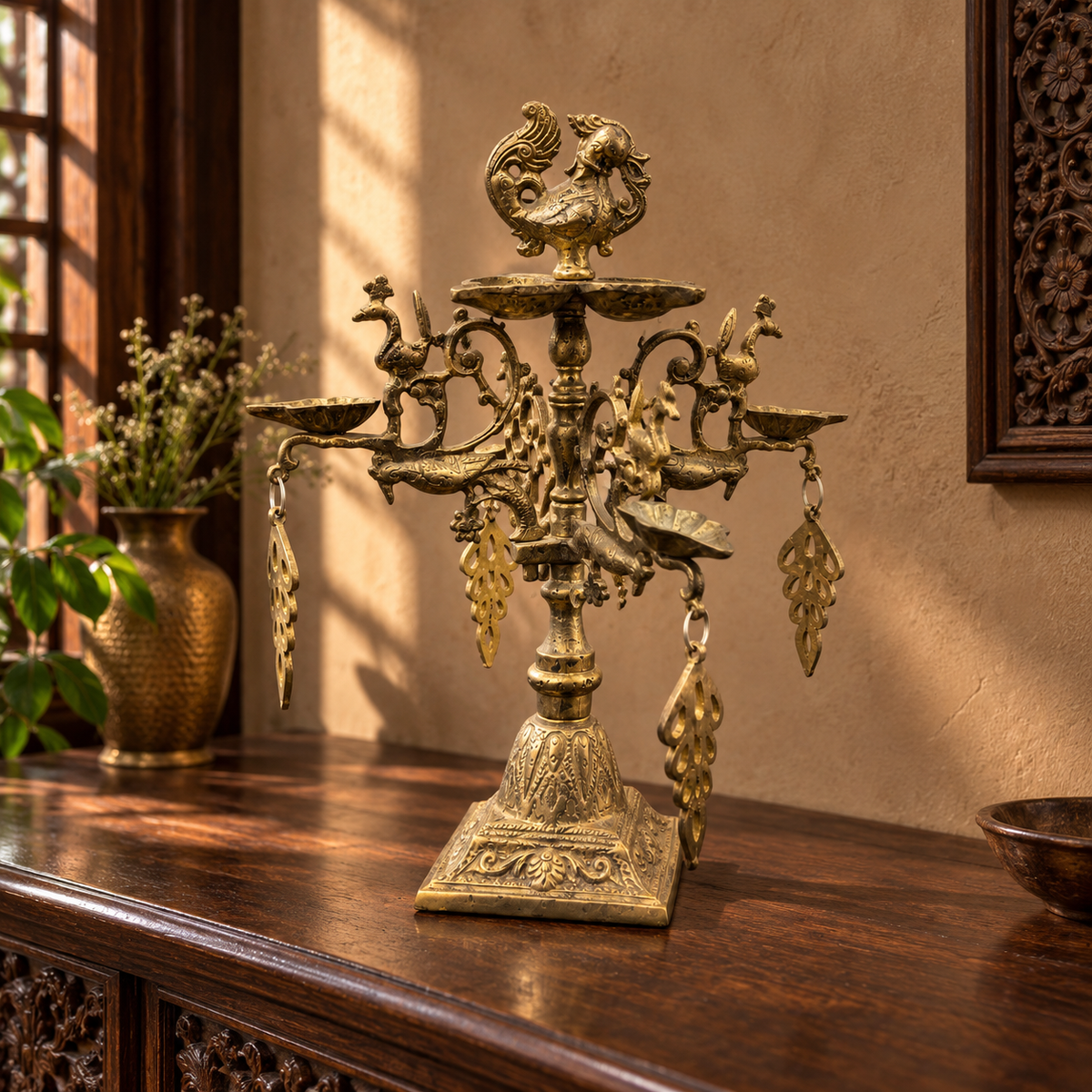 Antique Brass Multi-Arm Diya Stand - Merchant Antiques