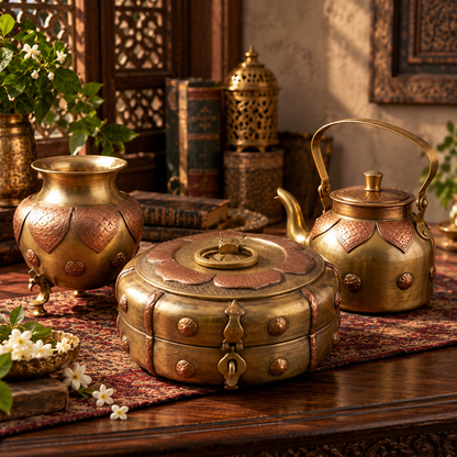 Antique brass tea kettle, engraved pot and Roti Dabba combo set - Merchant Antiques