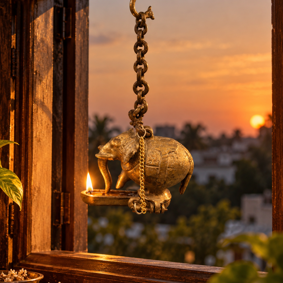 Antique Brass Elephant Hanging Diya - Merchant Antiques