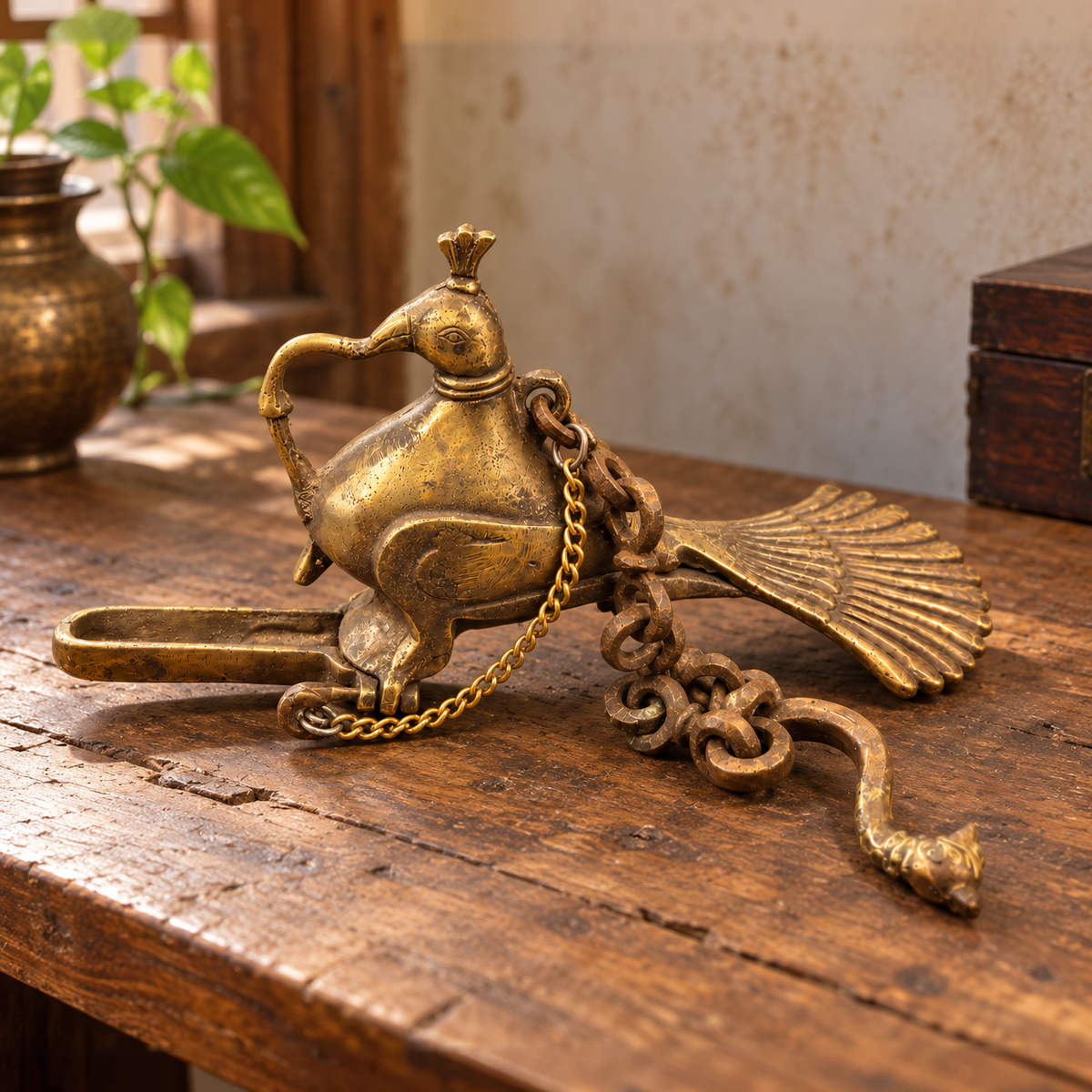 Antique Brass Peacock Hanging Diya - Merchant Antiques