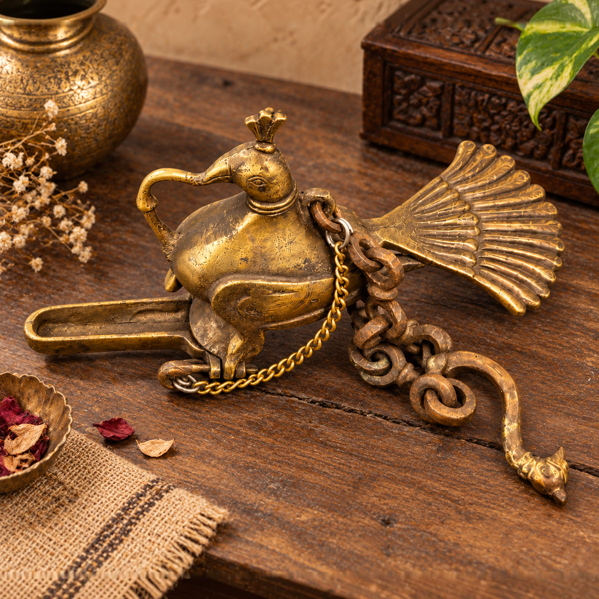 Antique Brass Peacock Hanging Diya - Merchant Antiques
