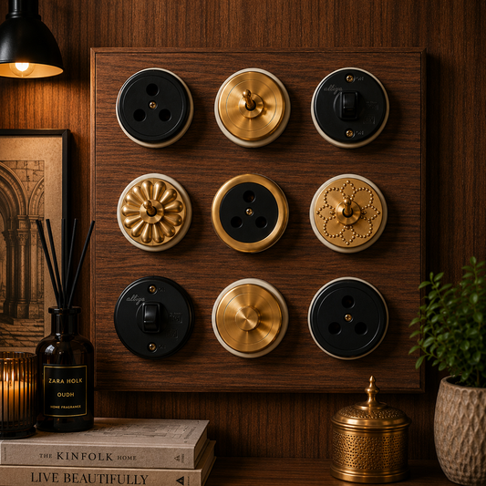 Set of 9 Vintage Style Brass/Pital Designer Electrical Set | Dimmer/Fan Regulator, Toggle Switch & Socket Set | Retro Wall Switch | 220V 6A | Handmade Heritage Decor