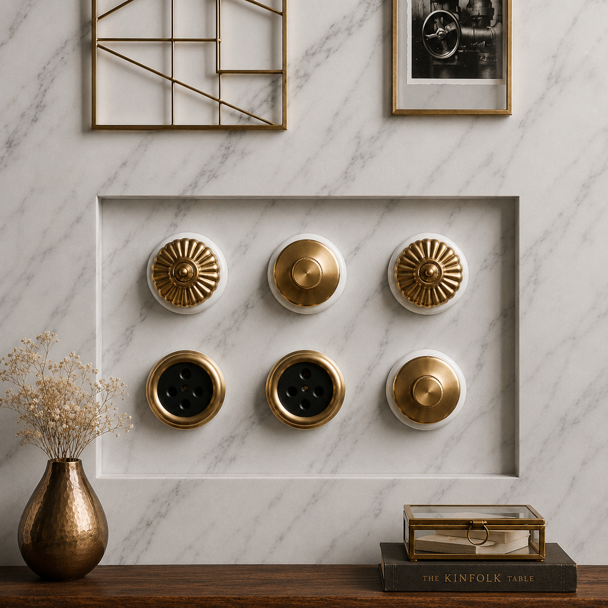 SW/10 | Set of 6 Vintage Style Brass/Pital Dimmer/Fan Regulator, Toggle Switch & Socket Set | White Ceramic Base | Classic Series | 220V 6A | Heritage Electrical Hardware