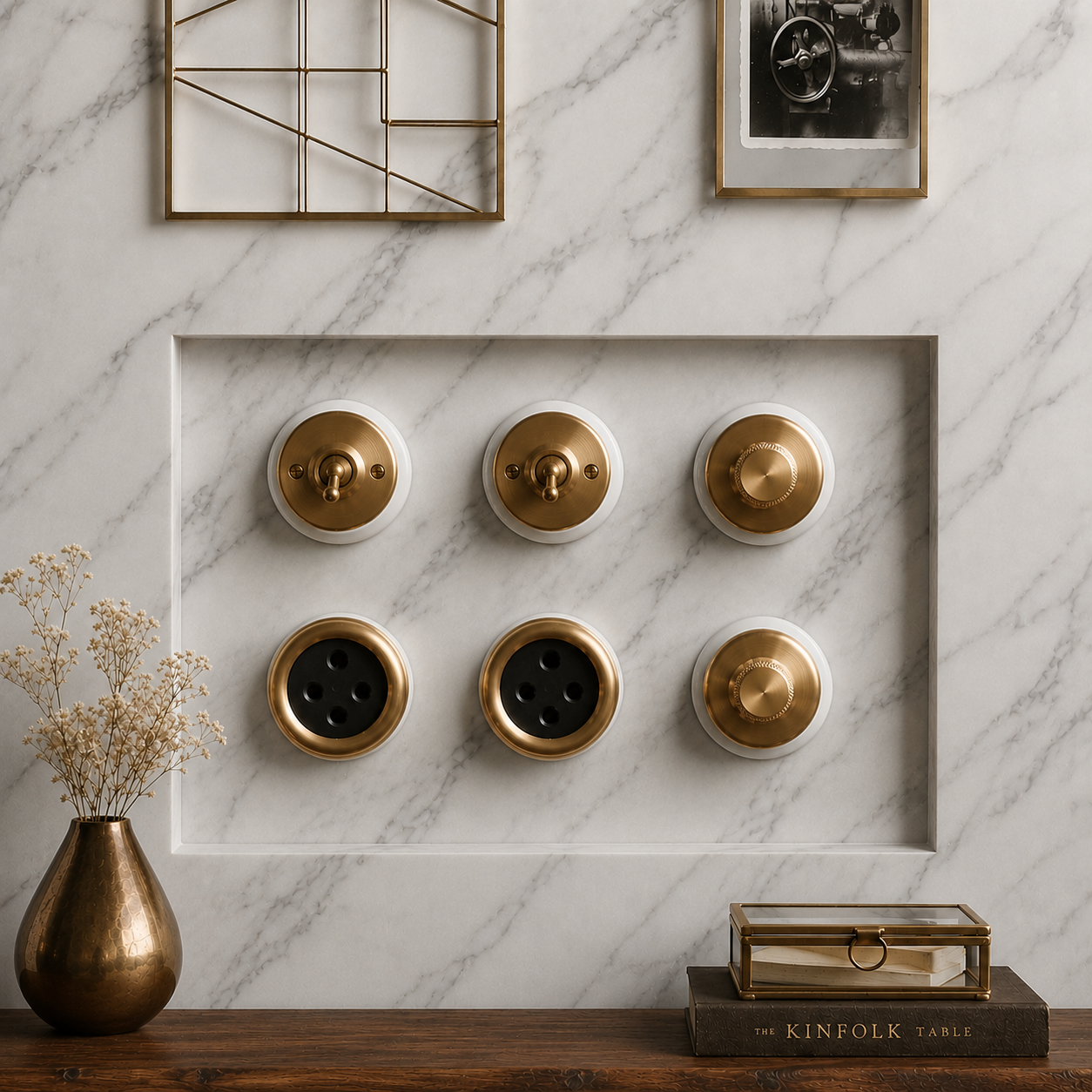 SW/10 | Set of 6 Vintage Style Brass/Pital Dimmer/Fan Regulator, Toggle Switch & Socket Set | White Ceramic Base | Classic Series | 220V 6A | Heritage Electrical Hardware