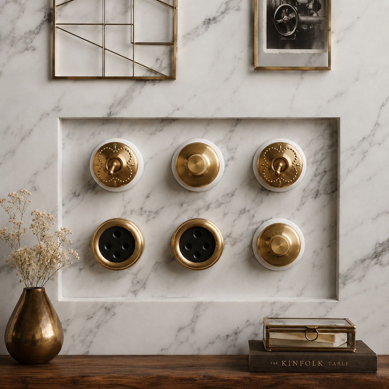 SW/10 | Set of 6 Vintage Style Brass/Pital Dimmer/Fan Regulator, Toggle Switch & Socket Set | White Ceramic Base | Classic Series | 220V 6A | Heritage Electrical Hardware