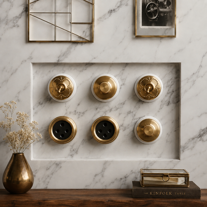 SW/10 | Set of 6 Vintage Style Brass/Pital Dimmer/Fan Regulator, Toggle Switch & Socket Set | White Ceramic Base | Classic Series | 220V 6A | Heritage Electrical Hardware