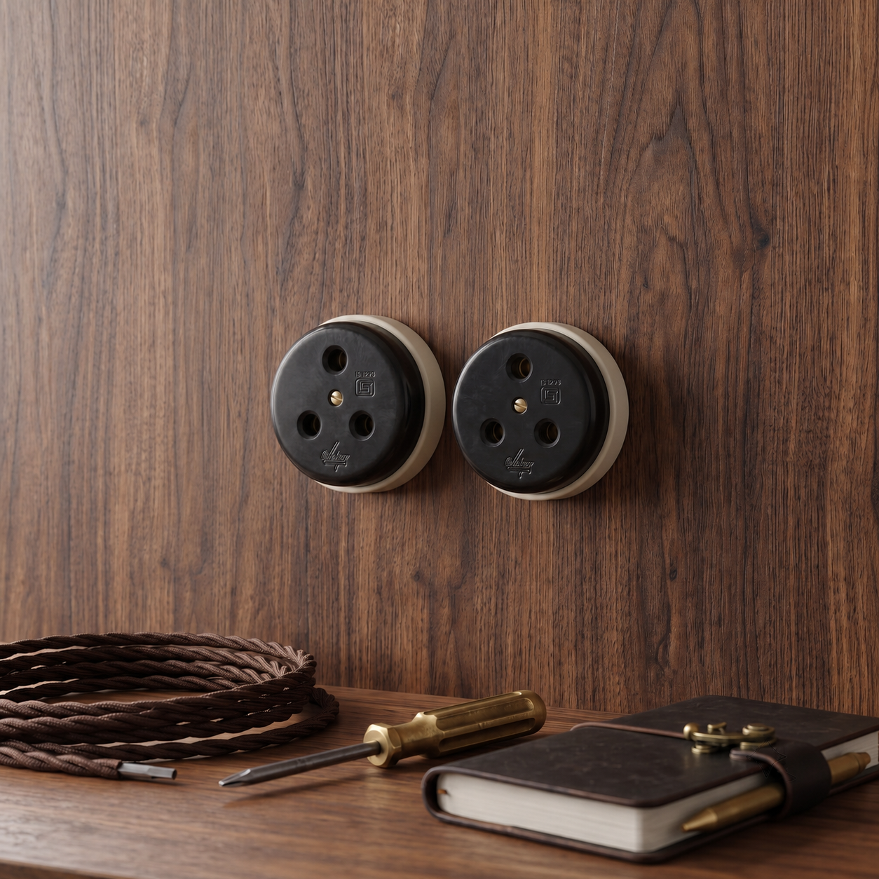 SW/24 | Set of 2 Vintage Style Matte Black Power Sockets | Surface Mounted Wall Sockets | Heritage Black Collection | 220V 6A | Industrial Electrical Outlets