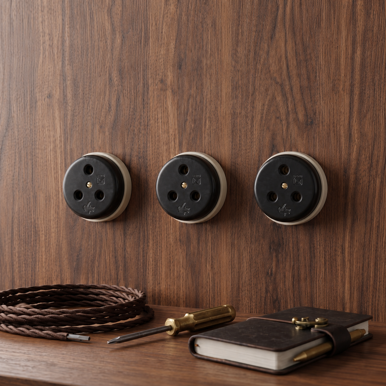 SW/25 | Set of 3 Vintage Style Matte Black Power Sockets | Surface Mounted Wall Sockets | Heritage Black Collection | 220V 6A | Industrial Electrical Outlets