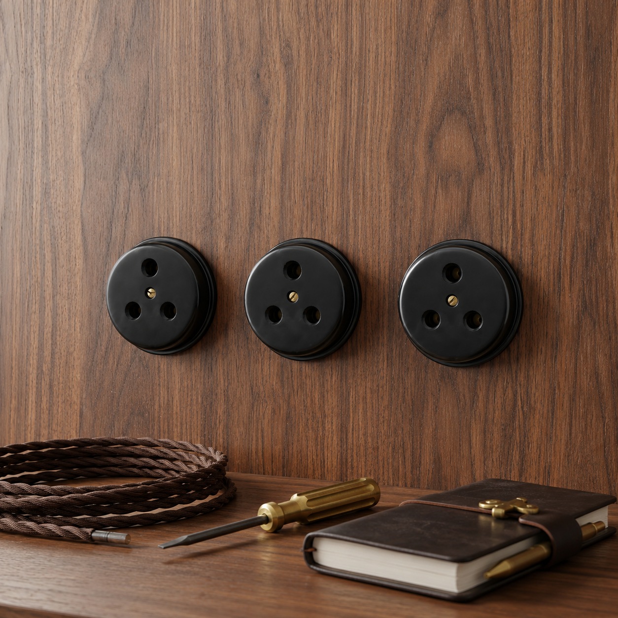 SW/25 | Set of 3 Vintage Style Matte Black Power Sockets | Surface Mounted Wall Sockets | Heritage Black Collection | 220V 6A | Industrial Electrical Outlets