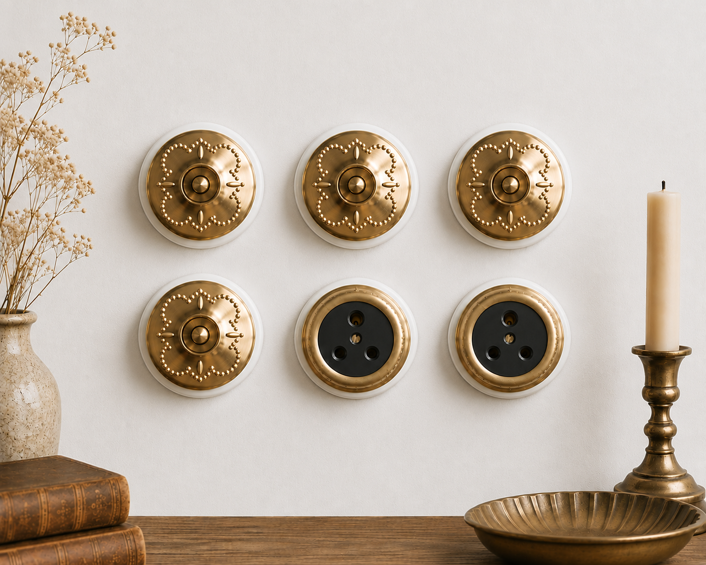 SW/30 | Set of 6 Vintage Style Brass Toggle Light Switches & Socket Set | White Ceramic Wall Switches | Heritage Brass Collection | Classic Series | Luxury Electrical Hardware