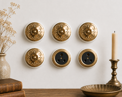 SW/30 | Set of 6 Vintage Style Brass Toggle Light Switches & Socket Set | White Ceramic Wall Switches | Heritage Brass Collection | Classic Series | Luxury Electrical Hardware