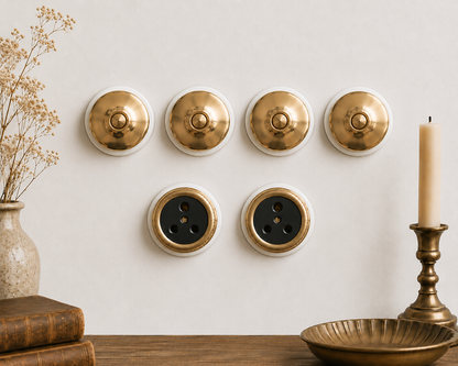 SW/30 | Set of 6 Vintage Style Brass Toggle Light Switches & Socket Set | White Ceramic Wall Switches | Heritage Brass Collection | Classic Series | Luxury Electrical Hardware