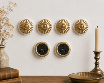 SW/30 | Set of 6 Vintage Style Brass Toggle Light Switches & Socket Set | White Ceramic Wall Switches | Heritage Brass Collection | Classic Series | Luxury Electrical Hardware