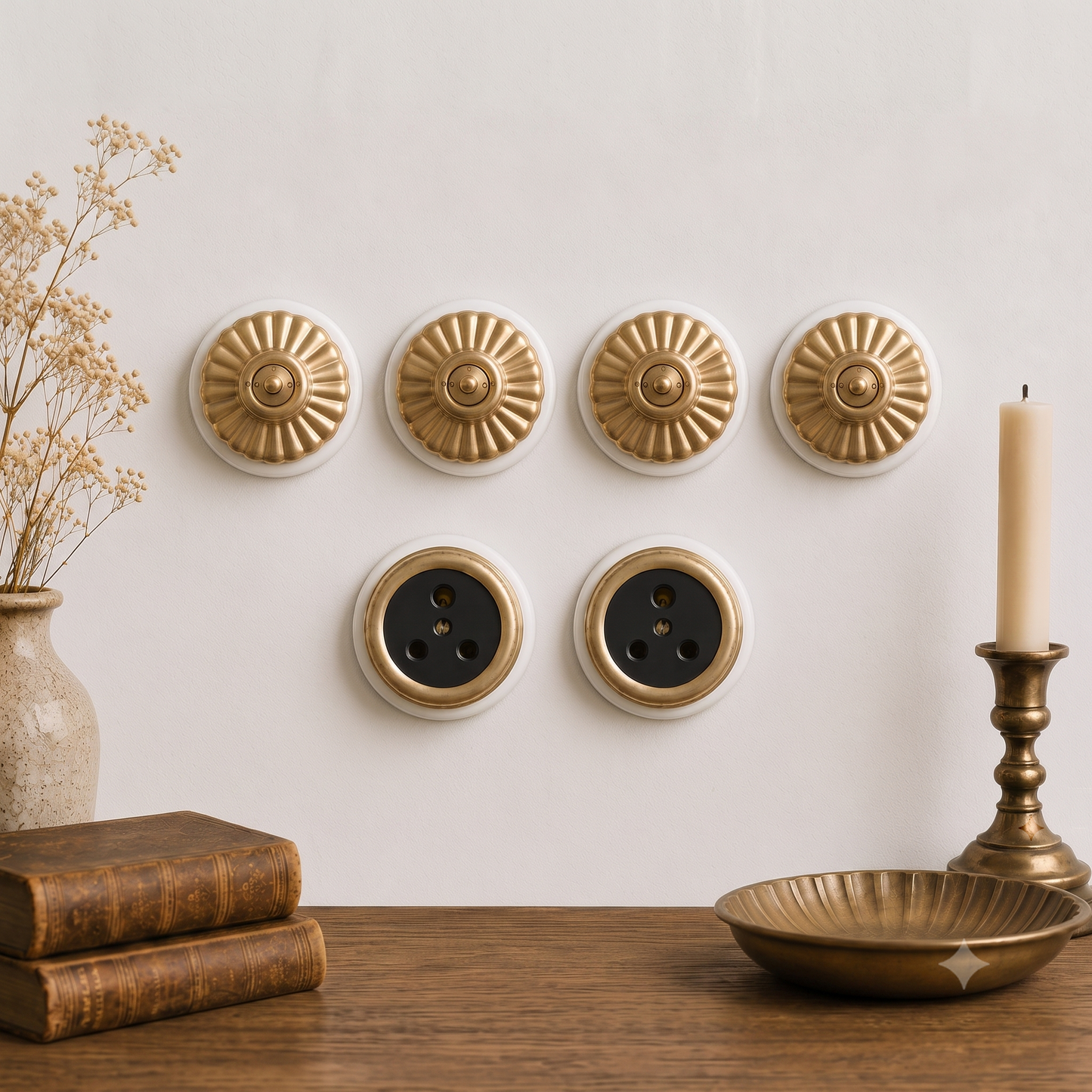 SW/06 | Vintage Style Brass/Pital Toggle Light Switch & Socket Set | White Ceramic Base | Classic Series Art Deco | 220V 6A | Heritage Electrical Hardware