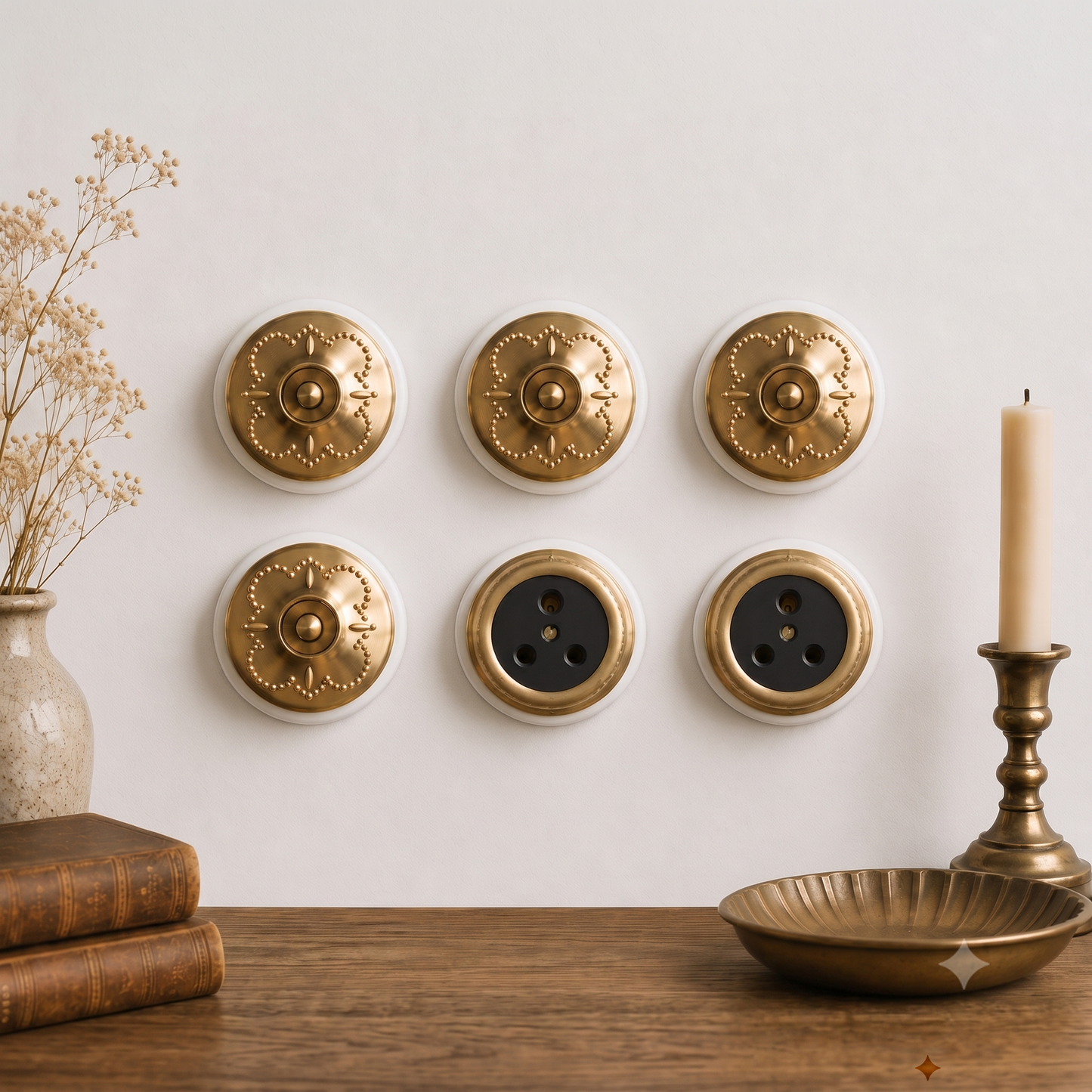 SW/05 | Vintage Style Brass/Pital Toggle Light Switch & Socket Set | White Ceramic Base | Classic Series Embossed | 220V 6A | Heritage Electrical Hardware