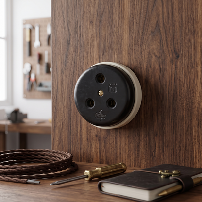 Vintage Style Matte Black Sockets | Surface Mounted Round Wall Switches | Heritage Black Collection White Base | Industrial Retro Home Hardware