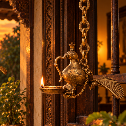 Antique Brass/Pital Peacock Hanging Diya with Original Chain & Hook – Heritage Indian Oil Lamp