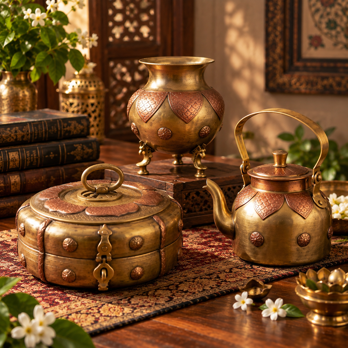Antique brass tea kettle, engraved pot and Roti Dabba combo set - Merchant Antiques