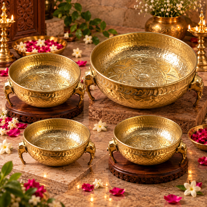 Embossed Brass Urli Bowl, Pital Urli with Decorative Legs (Brand New), 4 Sizes