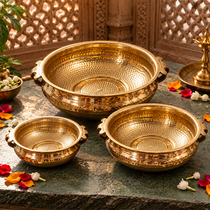 Traditional Brass Urli Bowl, Pital Urli for Floating Flowers & Diyas (Brand New), 3 Sizes