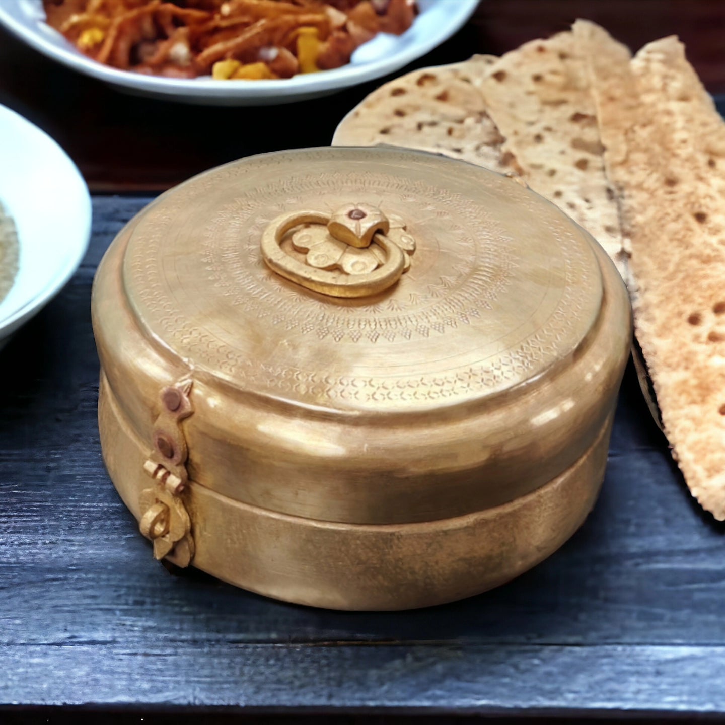 ORIGINAL ANTIQUE: AT/001 - Vintage Rare Very Beautifully Engraved Pure Brass Roti Dabba | Chapati Box | KITCHENWARE | UTENSILS | HOME APPLIANCES