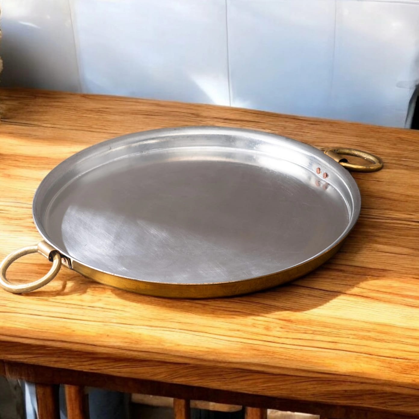 BRAND NEW: NW/047 - 100% Pure Brass Tawa for Dosa or Other Cooking Items with Kalai Tin Coating and 1 Flipping Ladle With Wooden Handle | KITCHENWARE | UTENSILS | HOME APPLIANCES