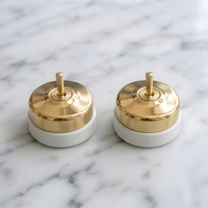 Vintage Style Brass/Pital Toggle Light Switch Set | White Ceramic Base | Classic Series Plain Retro | 220V 6A | Heritage Electrical Hardware