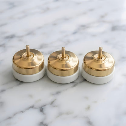 Vintage Style Brass/Pital Toggle Light Switch Set | White Ceramic Base | Classic Series Plain Retro | 220V 6A | Heritage Electrical Hardware