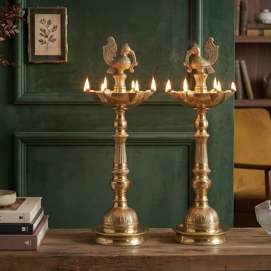 Set of 2 Brass Peacock Samai Oil Lamp, Merchant Antiques