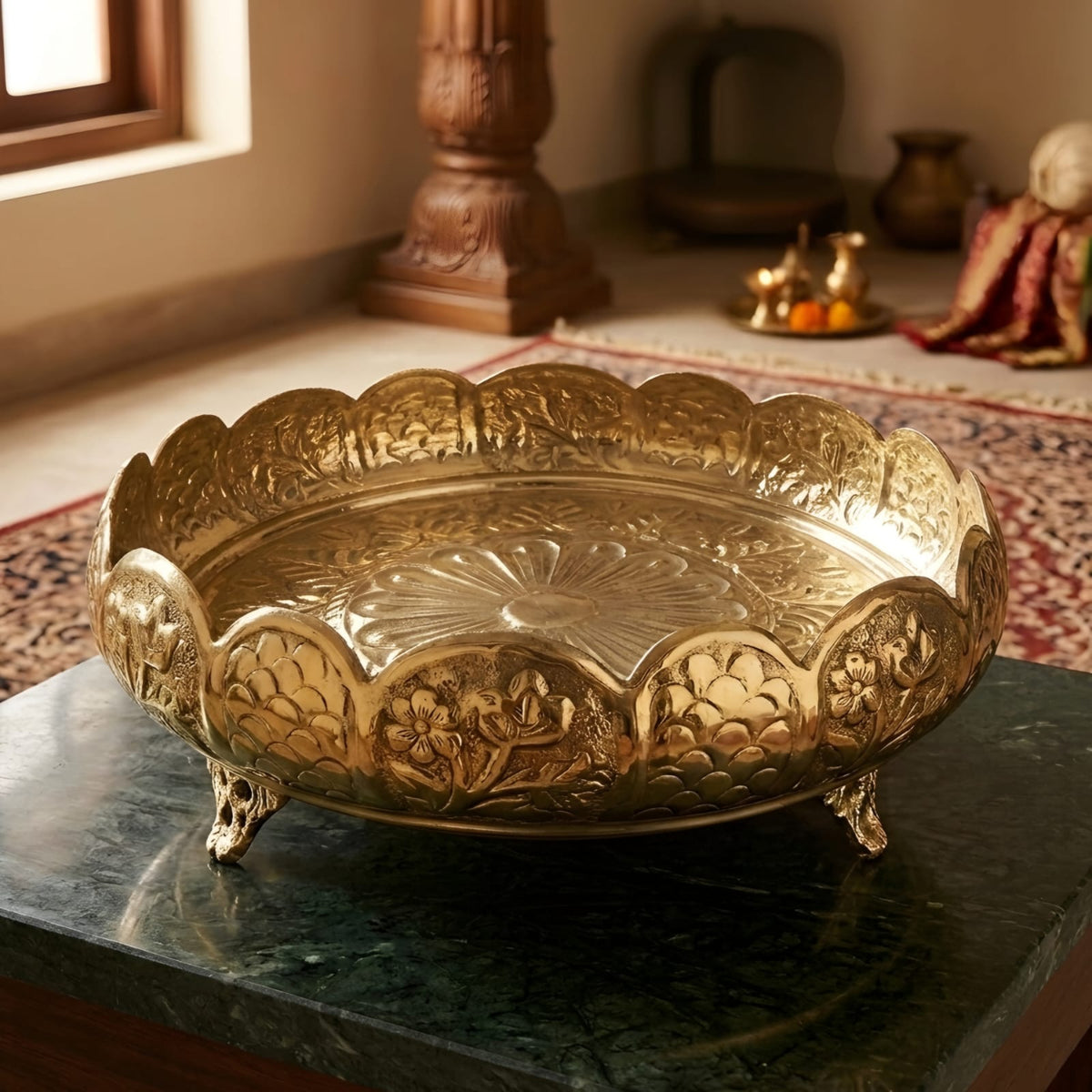 Embossed Brass Urli Bowl with Feet - Merchant Antiques