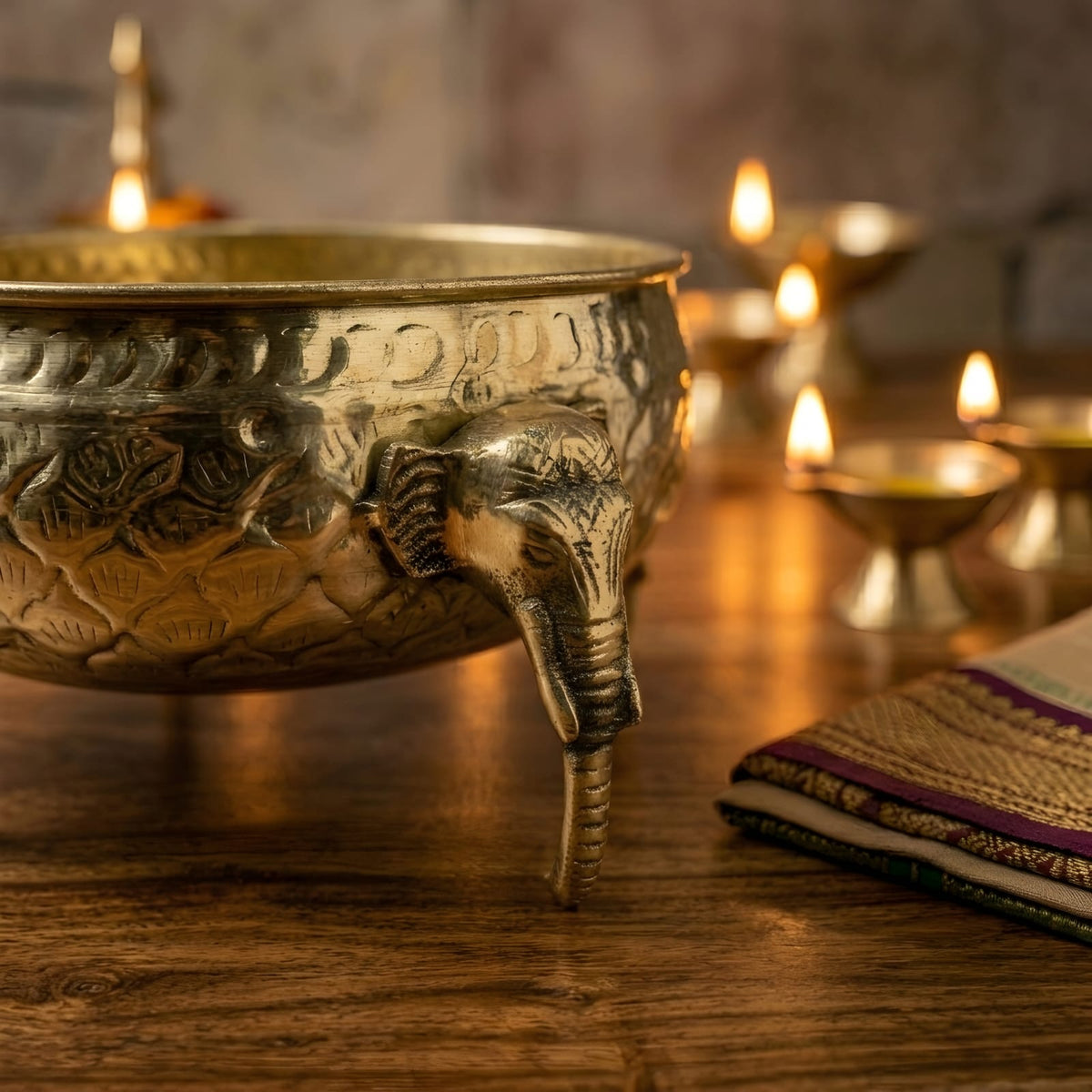 Embossed Brass Urli Bowl with Legs - Merchant Antiques