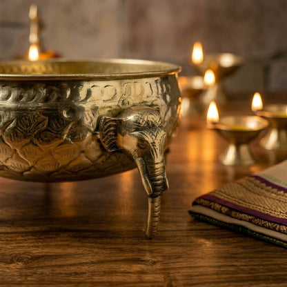 Embossed Brass Urli Bowl with Legs - Merchant Antiques