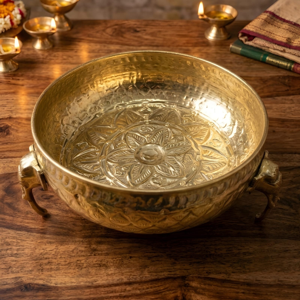 Embossed Brass Urli Bowl with Legs - Merchant Antiques