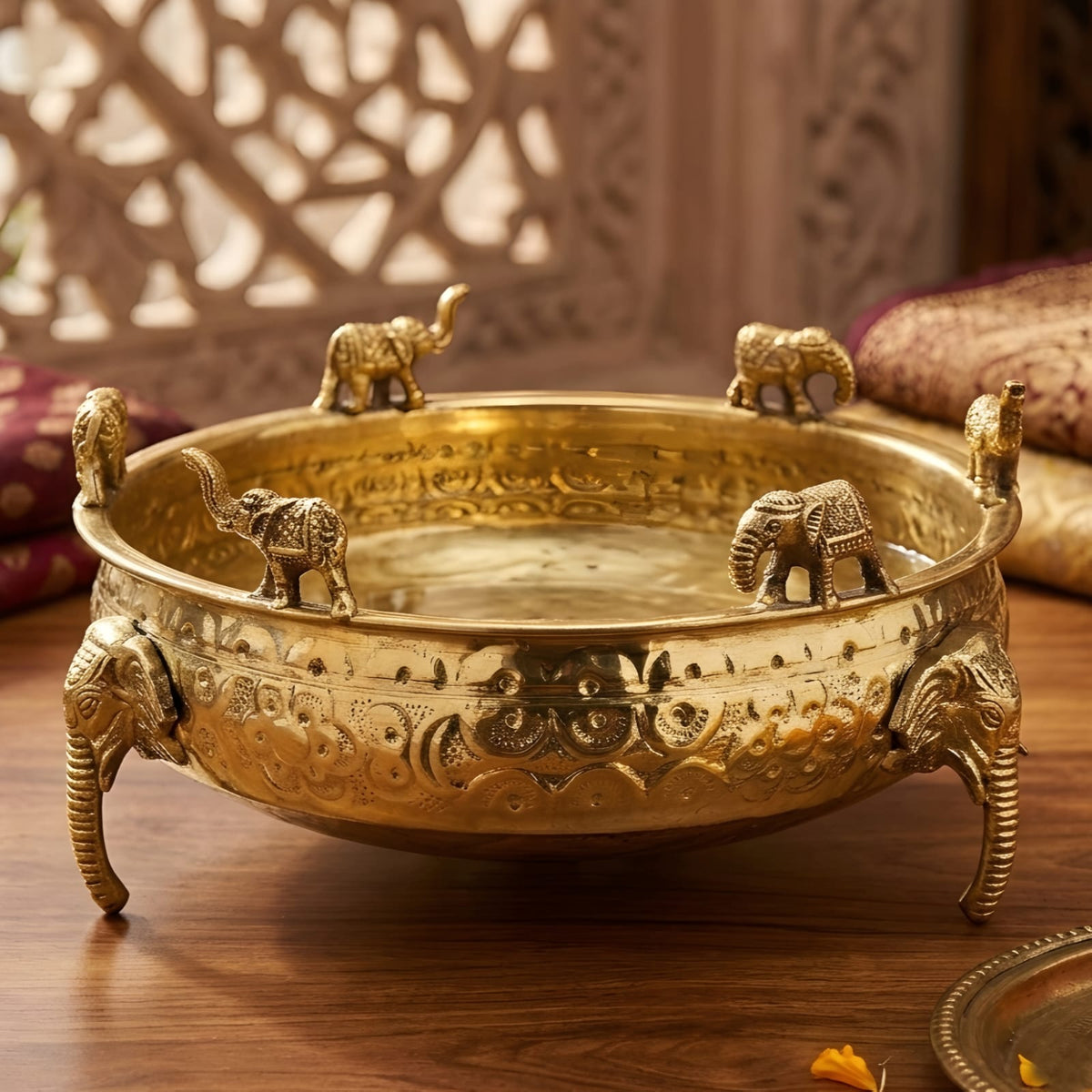Elephant Design Brass Urli Bowl - Merchant Antiques