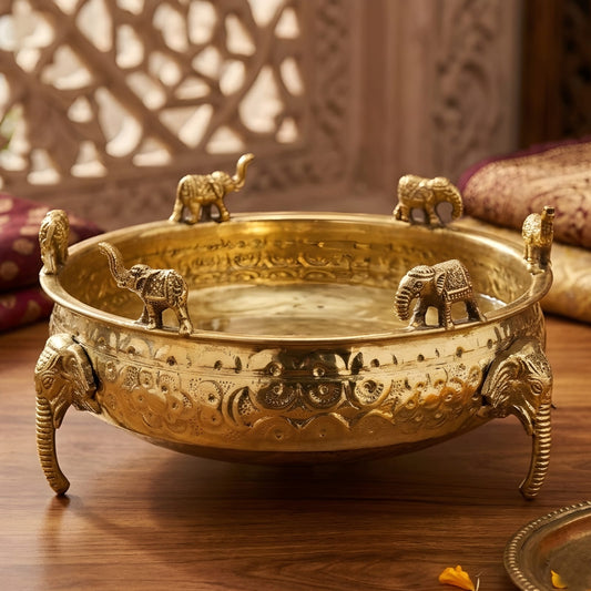 Elephant Design Brass Urli Bowl, Merchant Antiques