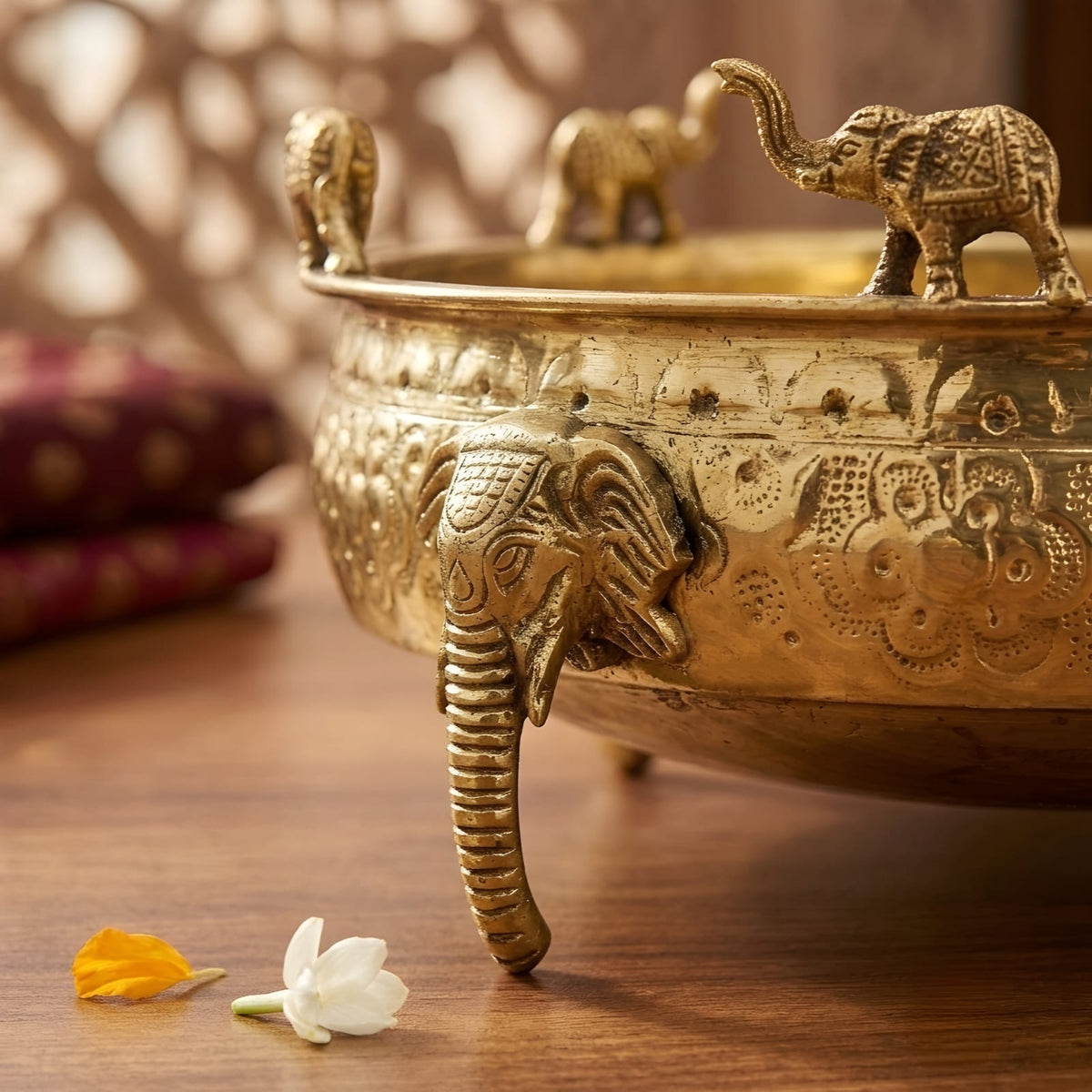 Elephant Design Brass Urli Bowl - Merchant Antiques