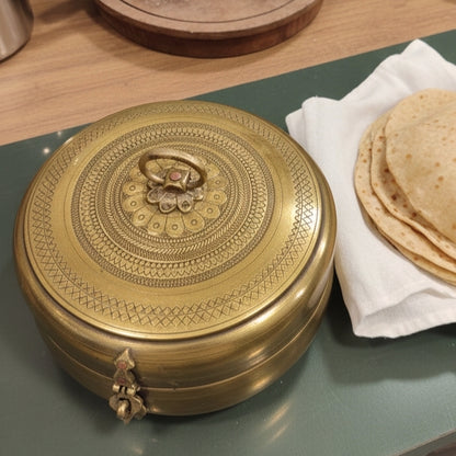 ORIGINAL ANTIQUE: AT/001 - Vintage Rare Very Beautifully Engraved Pure Brass Roti Dabba | Chapati Box | KITCHENWARE | UTENSILS | HOME APPLIANCES