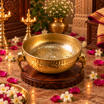 Embossed Brass Urli Bowl, Pital Urli with Decorative Legs (Brand New), 4 Sizes