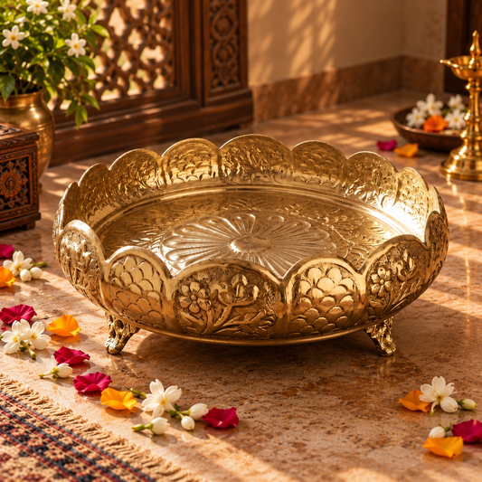 Embossed Brass Urli Bowl, Pital Urli with Scalloped Rim & Decorative Feet (Brand New), 2 Sizes
