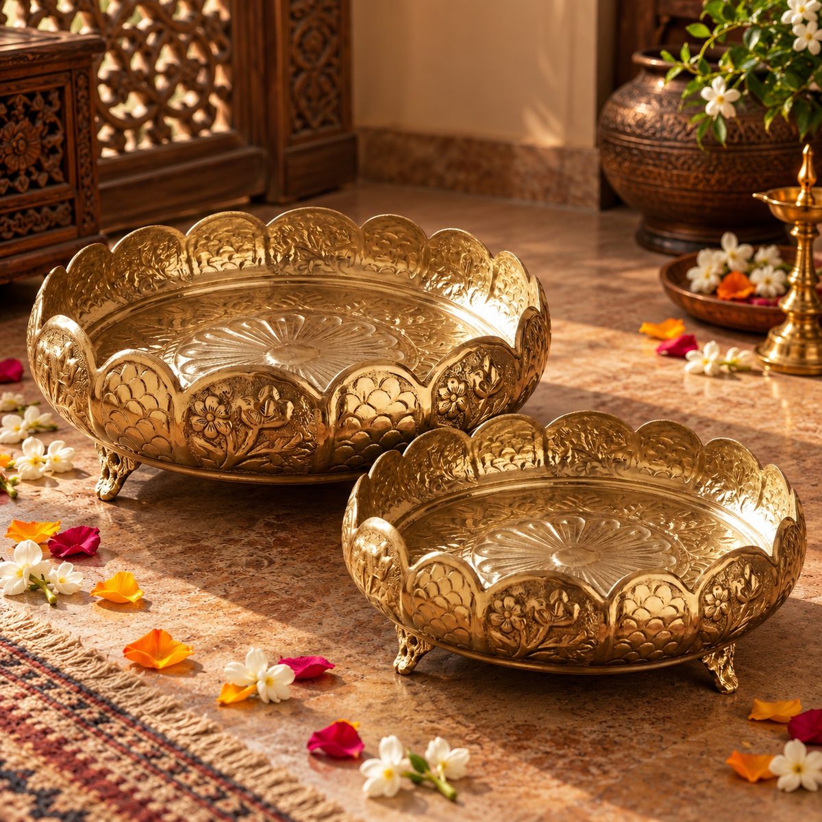 Embossed Brass Urli Bowl, Pital Urli with Scalloped Rim & Decorative Feet (Brand New), 2 Sizes