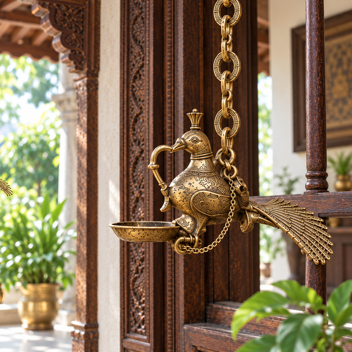 Antique Brass/Pital Peacock Hanging Diya with Original Chain & Hook – Heritage Indian Oil Lamp